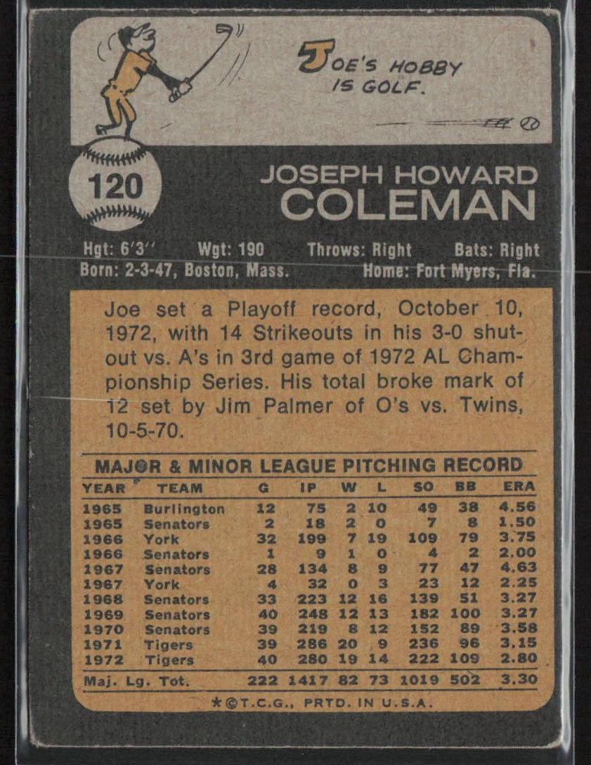 1973 Topps #120 Joe Coleman