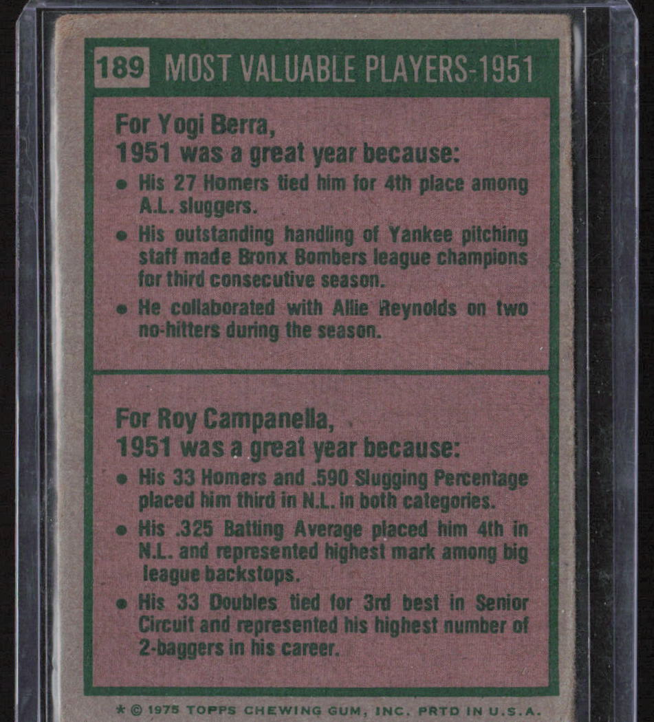 1975 Topps #189 1951 MVPs (Yogi Berra / Roy Campanella) MVP