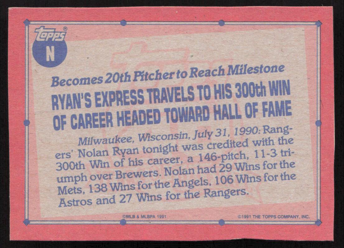 1991 Topps #N Nolan Ryan Wax Box Bottom Panels Singles