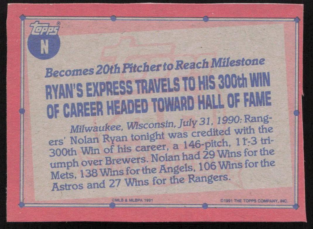 1991 Topps #N Nolan Ryan Wax Box Bottom Panels Singles