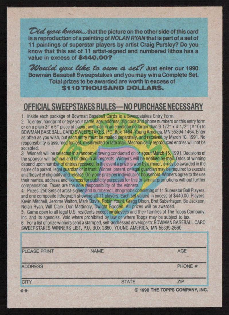 1990 Bowman #NNO Nolan Ryan Sweepstakes