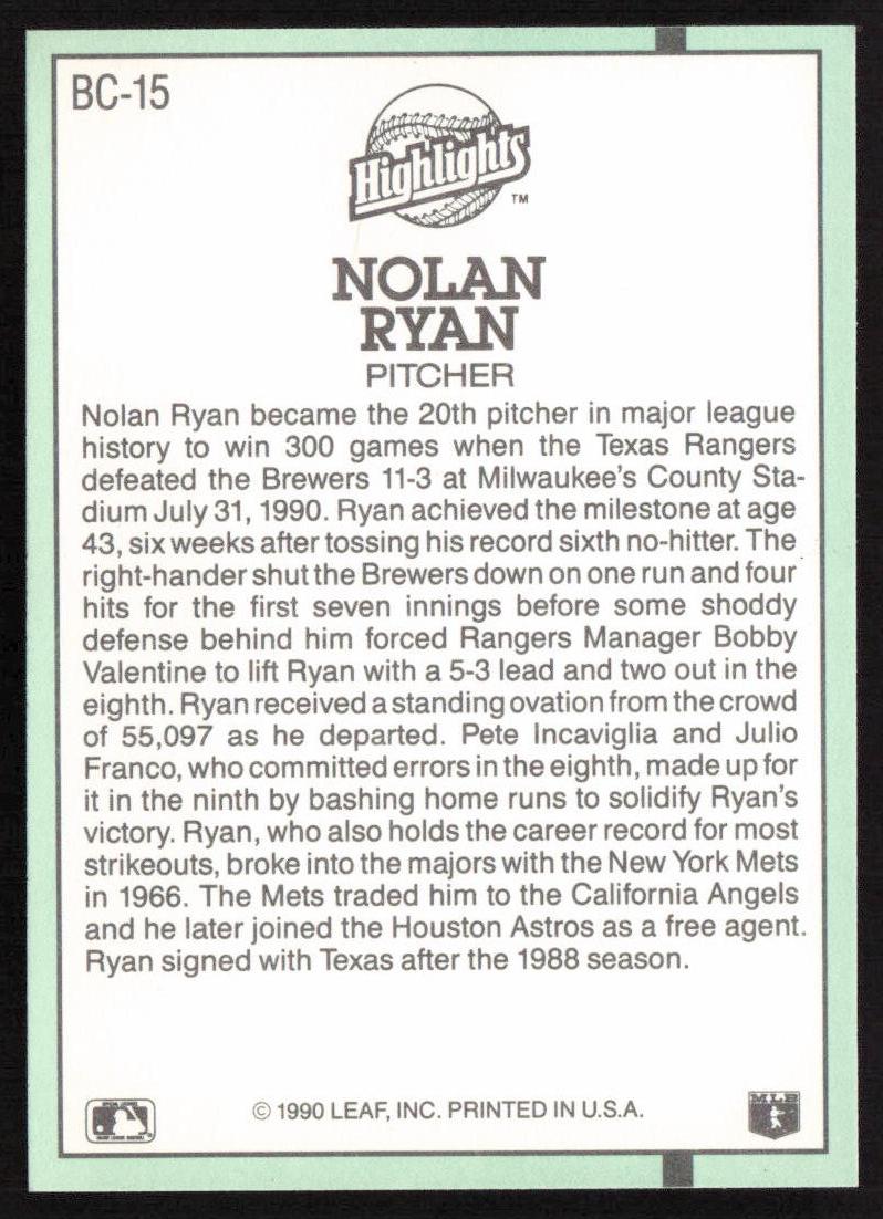 1991 Donruss #BC-15 Nolan Ryan Bonus Cards