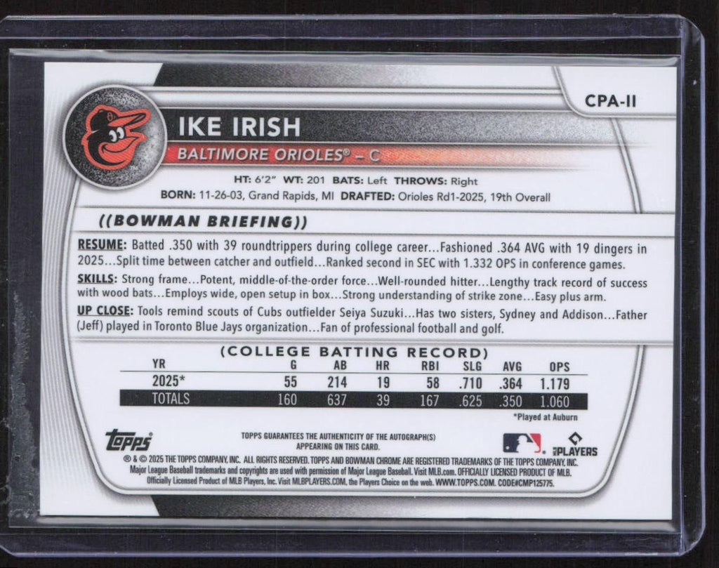 2025 Bowman Draft #CPA-II Ike Irish Chrome Auto Gold Shimmer Refractor #/50 1st
