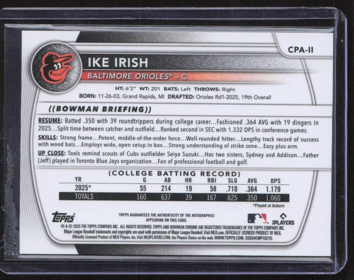 2025 Bowman Draft #CPA-II Ike Irish Chrome Auto Gold Shimmer Refractor #/50 1st