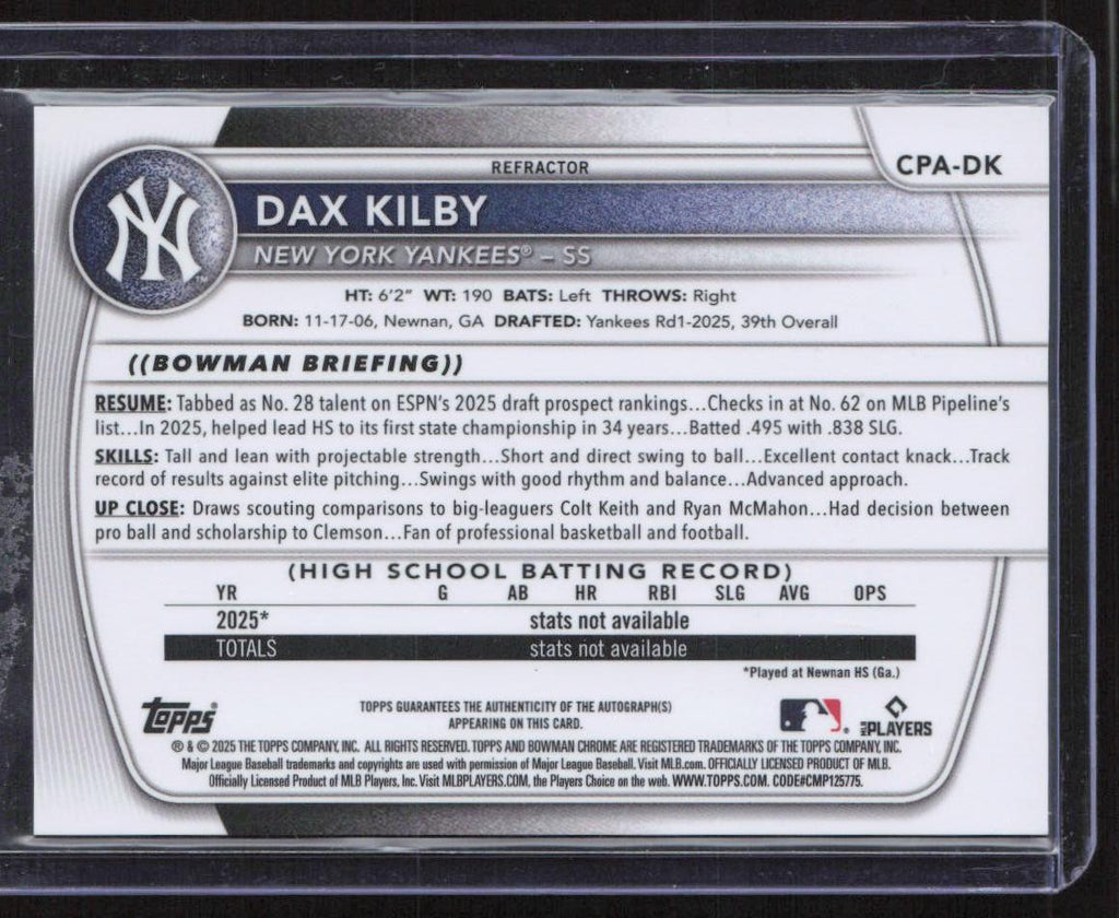 2025 Bowman Draft #CPA-DK Dax Kilby Chrome Autographs Refractor #/499