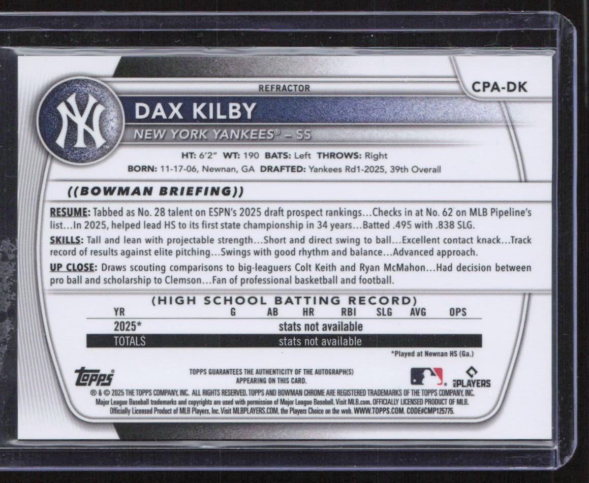 2025 Bowman Draft #CPA-DK Dax Kilby Chrome Autographs Refractor #/499