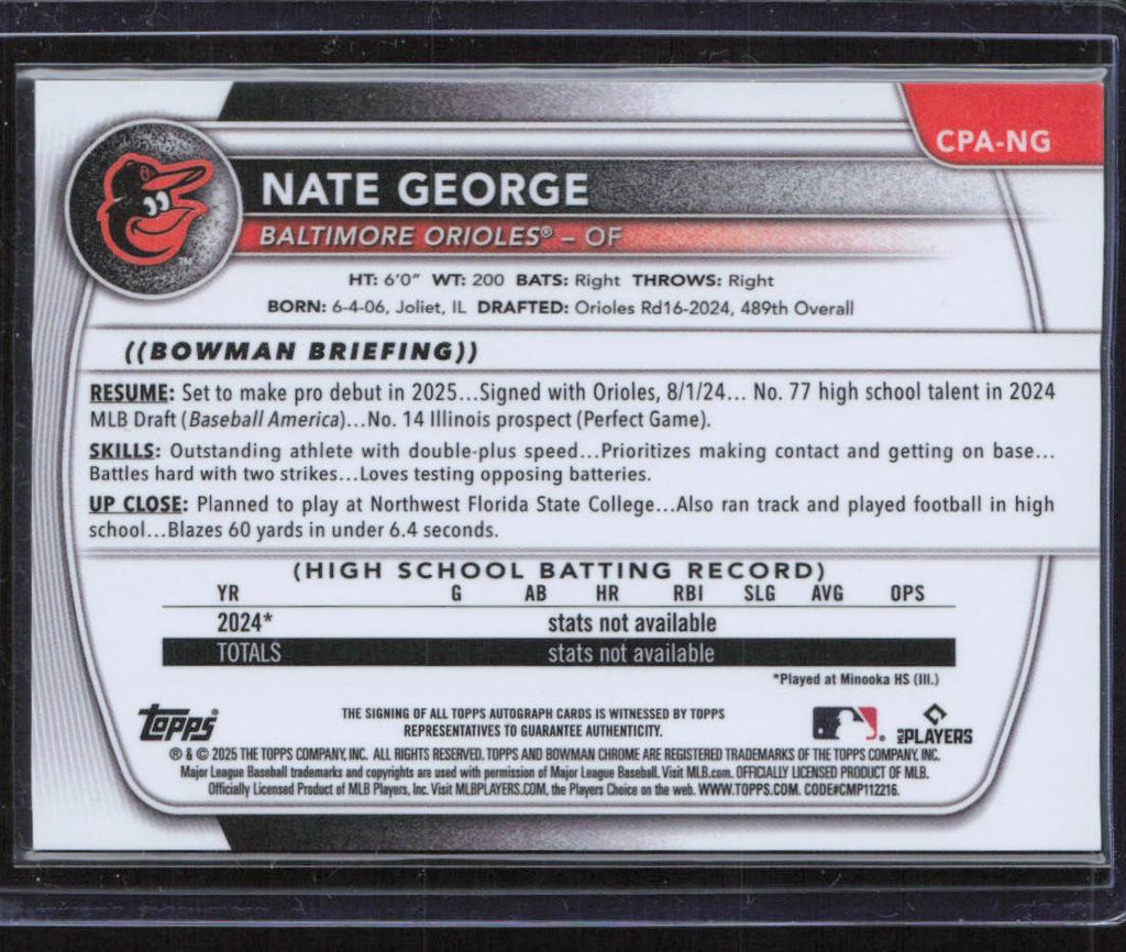 2025 Bowman Chrome #CPA-NG Nate George Prospect Autographs Green Lava #/99