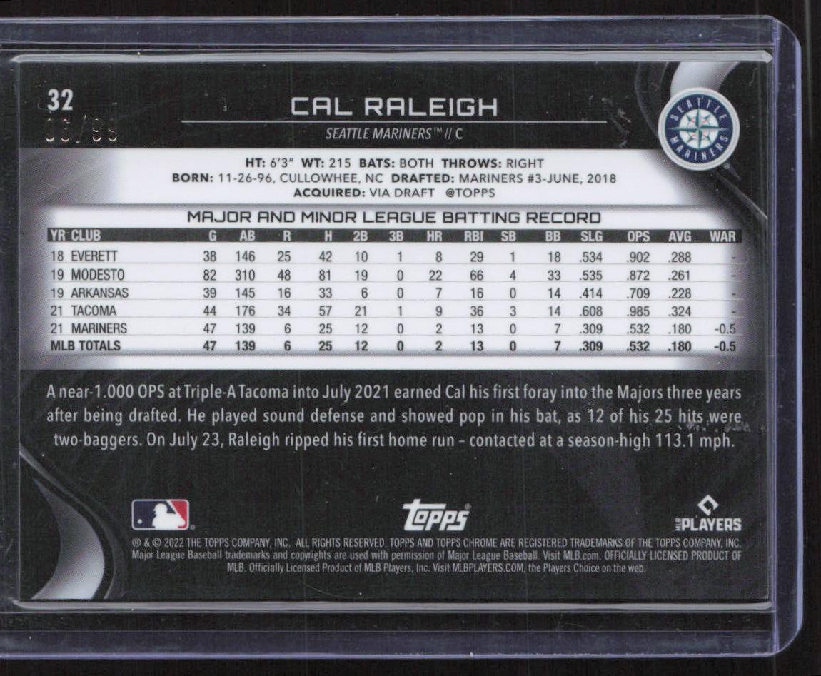 2022 Topps Chrome Black #32 Cal Raleigh Green Atomic Refractors #/99
