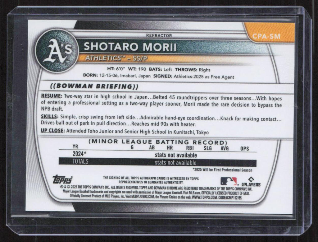2025 Bowman Chrome #CPA-SM Shotaro Morii Auto Refractor #/499