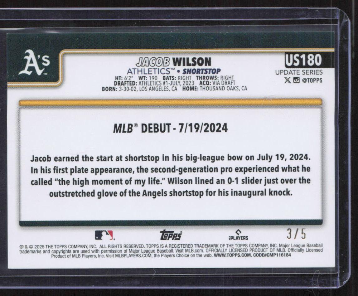 2025 Topps Update #US180 Jacob Wilson Red Holo Foil #/5