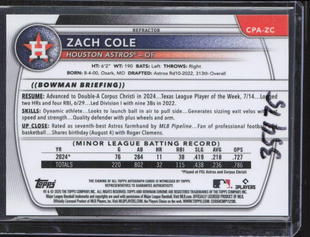 2025 Bowman Chrome #CPA-ZC Zach Cole Autographs Refractor #/499