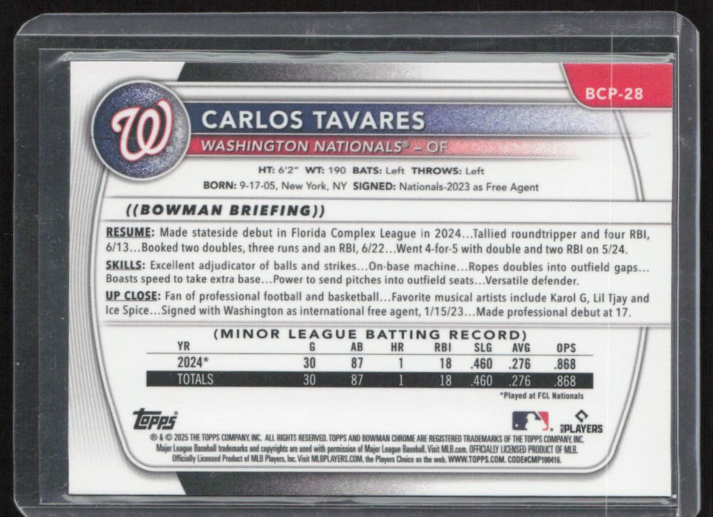2025 Bowman #BCP-28 Carlos Tavares Chrome Prospects Reptilian Refractor