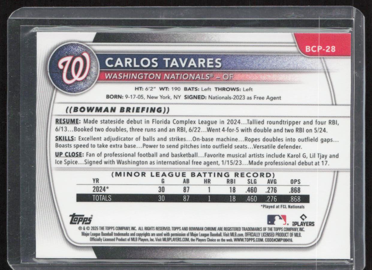 2025 Bowman #BCP-28 Carlos Tavares Chrome Prospects Reptilian Refractor