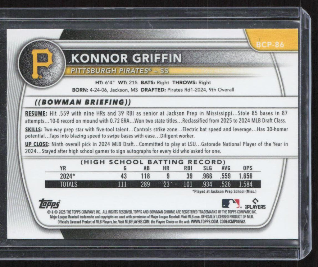 2025 Bowman #BCP-86 Konnor Griffin Chrome Mojo Burgundy Refractor #/275