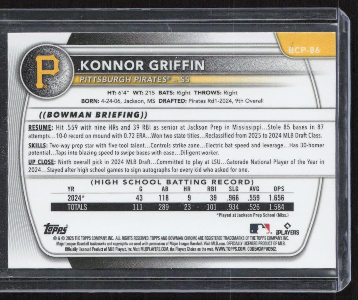 2025 Bowman #BCP-86 Konnor Griffin Chrome Mojo Burgundy Refractor #/275