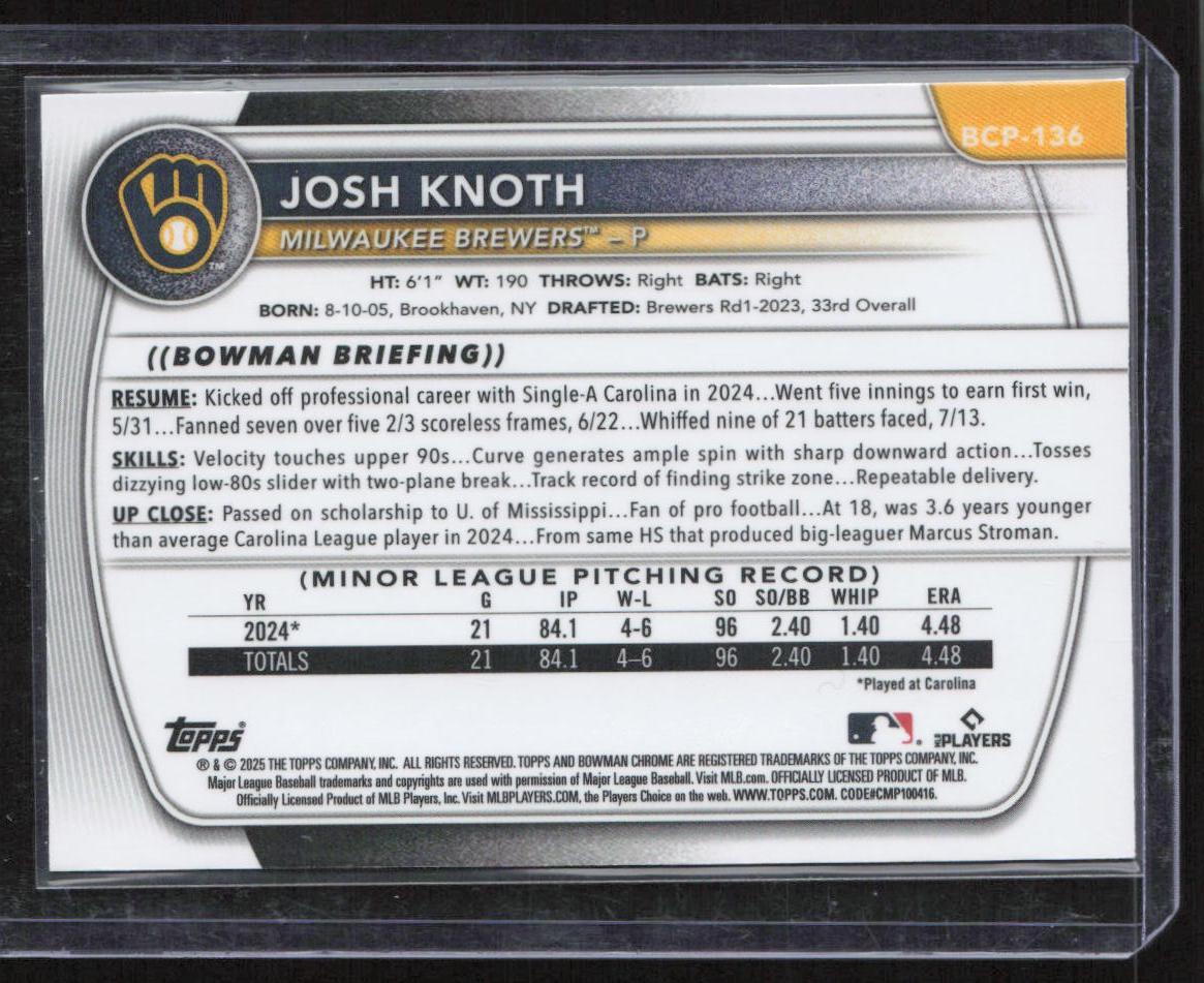 2025 Bowman #BCP-136 Josh Knoth Chrome Prospects Reptilian Refractor