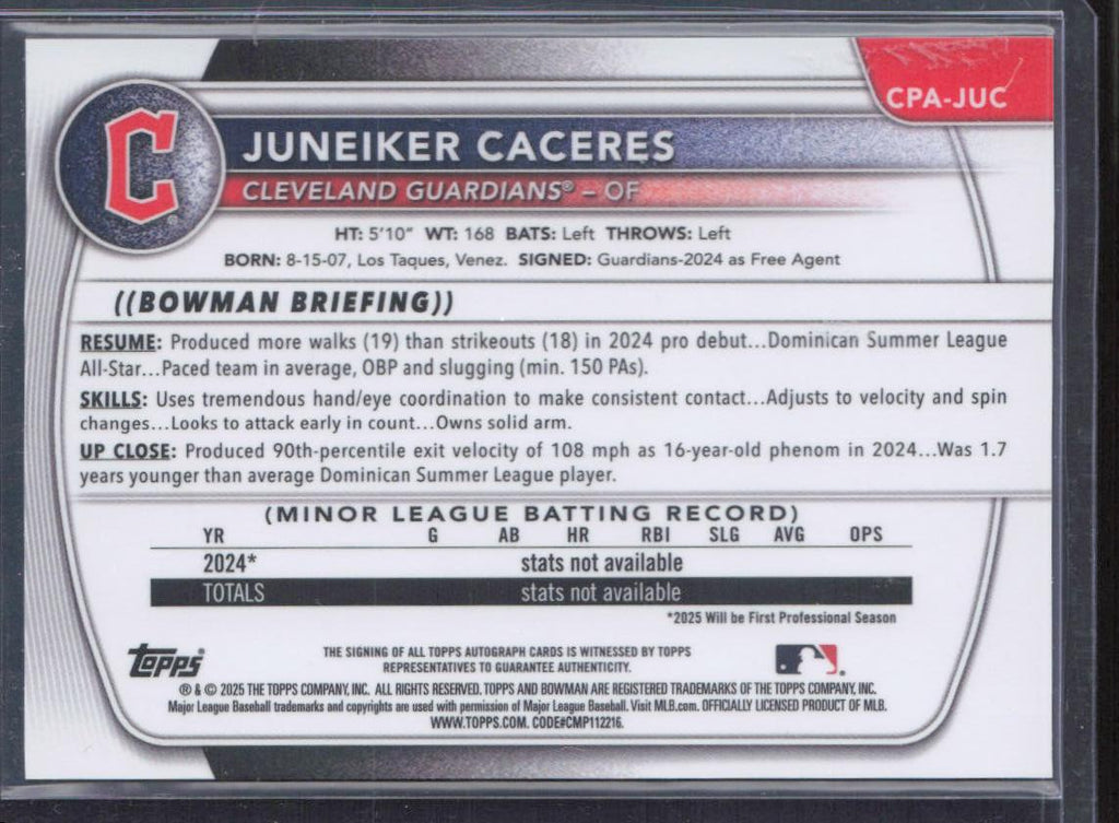 2025 Bowman Chrome #CPA-JUC Juneiker Caceres Autographs Gold Shimmer #/50