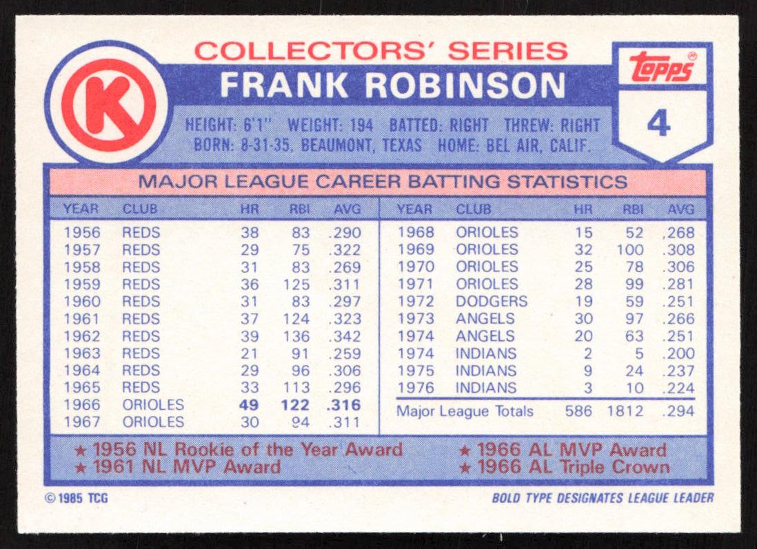 1985 Topps Circle K All Time Home Run Kings #4 Frank Robinson