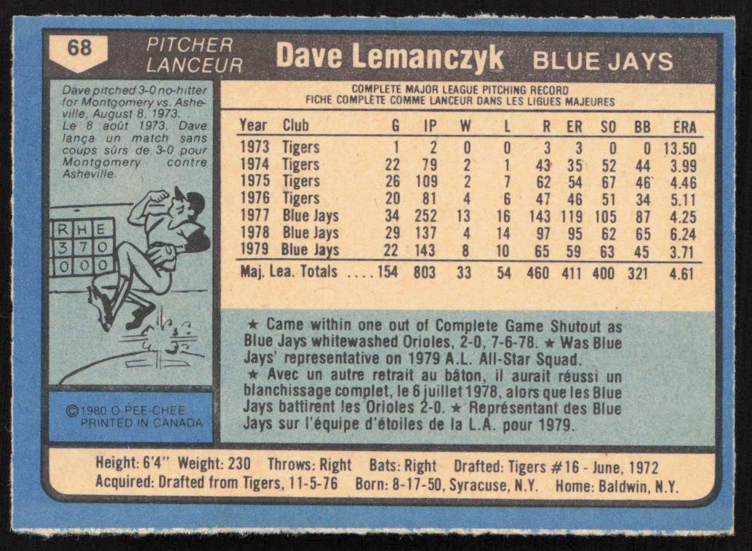 1980 O-Pee-Chee #68 Dave Lemanczyk