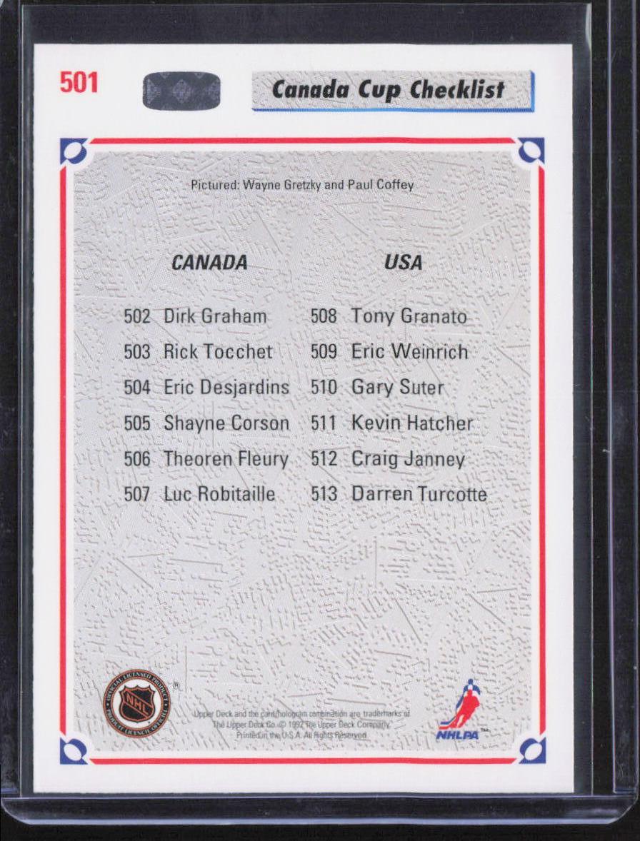 1991-92 Upper Deck #501 Canada Cup Checklist Wayne Gretzky Paul Coffey
