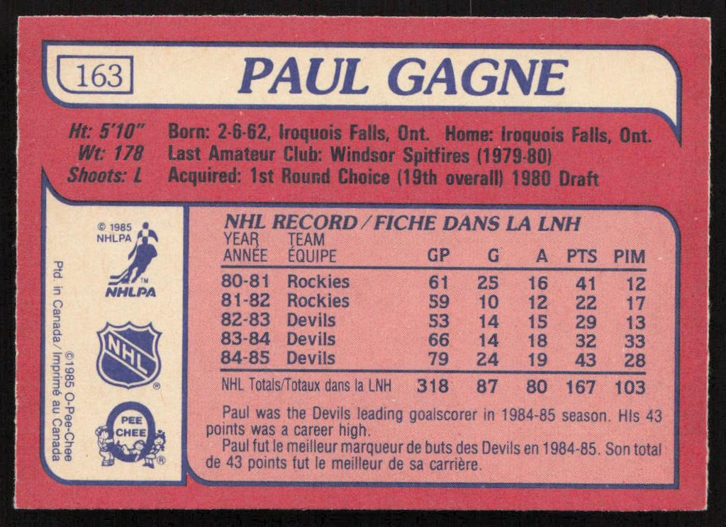 1985-86 O-Pee-Chee #163 Paul Gagne
