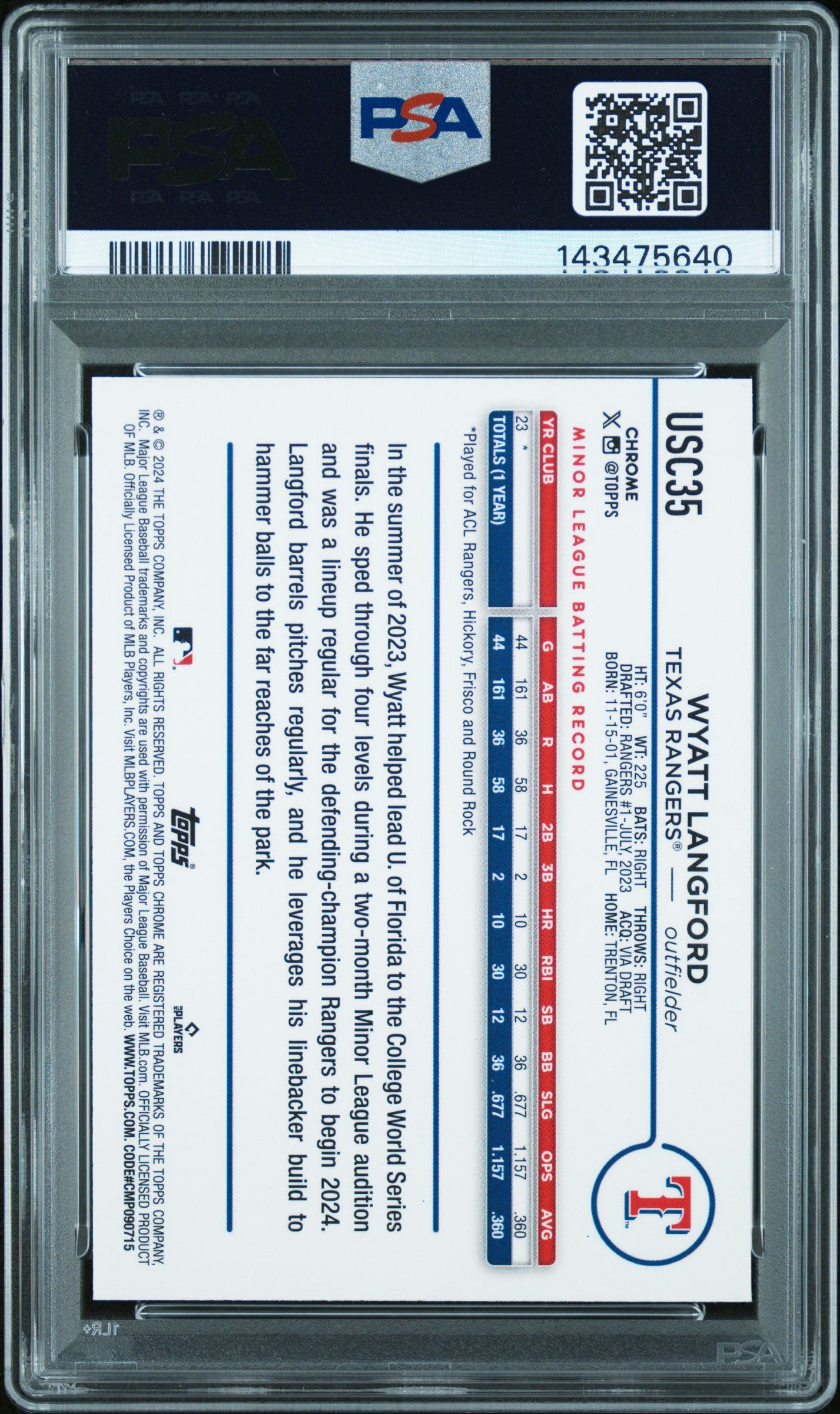 2024 Topps Chrome Update #USC35 Wyatt Langford Gold RayWave PSA 9 #/50