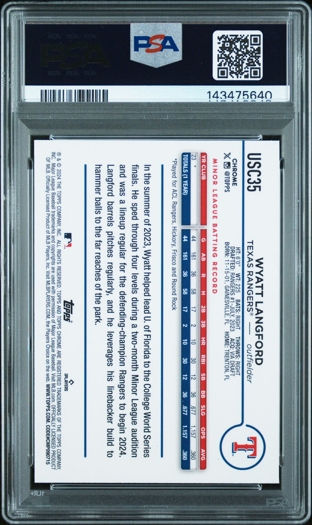 2024 Topps Chrome Update #USC35 Wyatt Langford Gold RayWave PSA 9 #/50