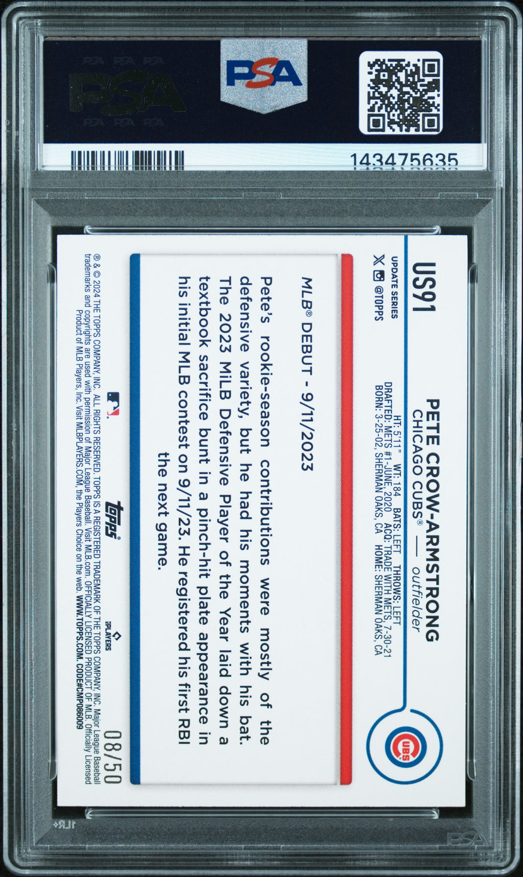 2024 Topps Update #US91 Pete Crow-Armstrong Yellow Crackle Foilboard /50 PSA 9