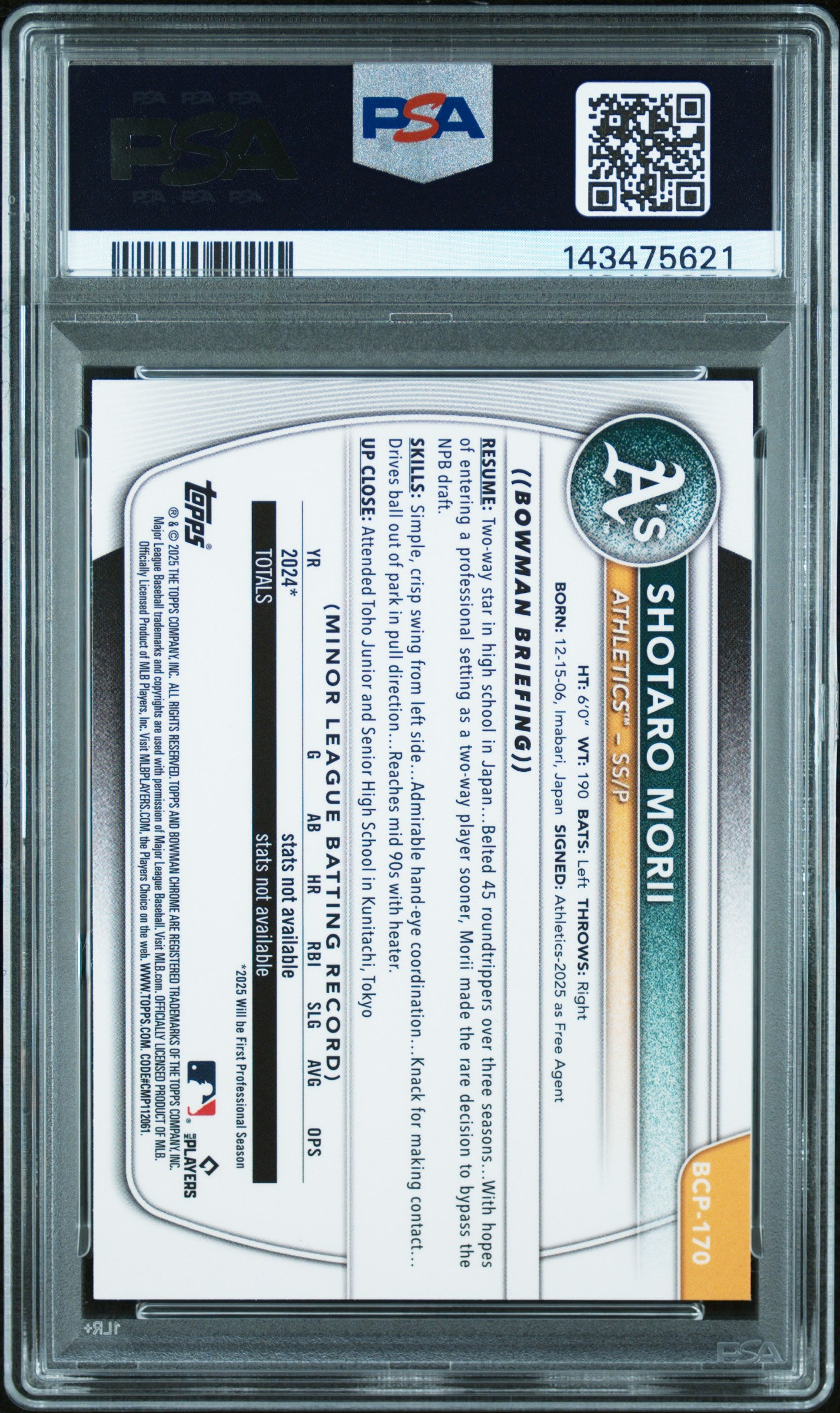 2025 Bowman Chrome #BCP-170 Shotaro Morii Prospects Pulsar PSA 9 #/399