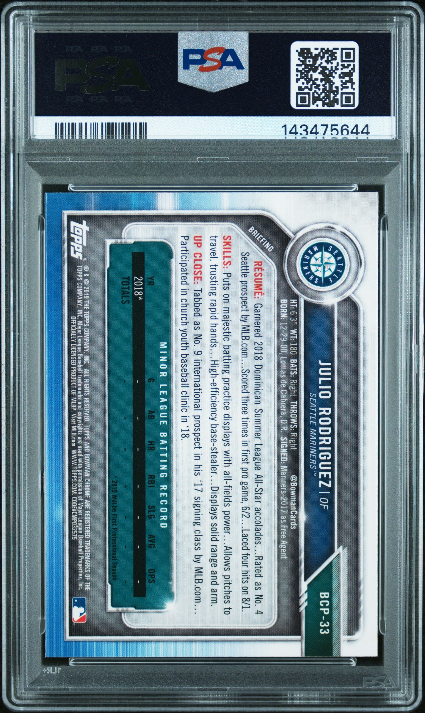 2019 Bowman #BCP-33 Julio Rodriguez Chrome Prospects PSA 9