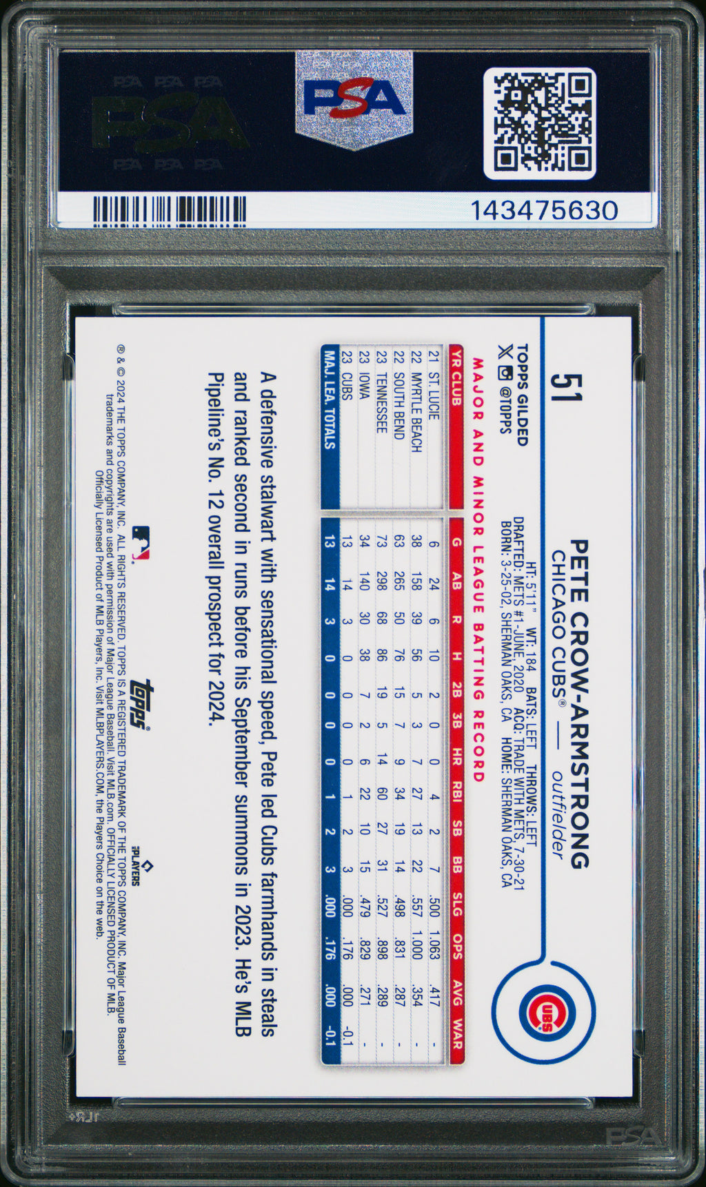 2024 Topps Gilded Collection #51 Pete Crow-Armstrong PSA 9 #/99