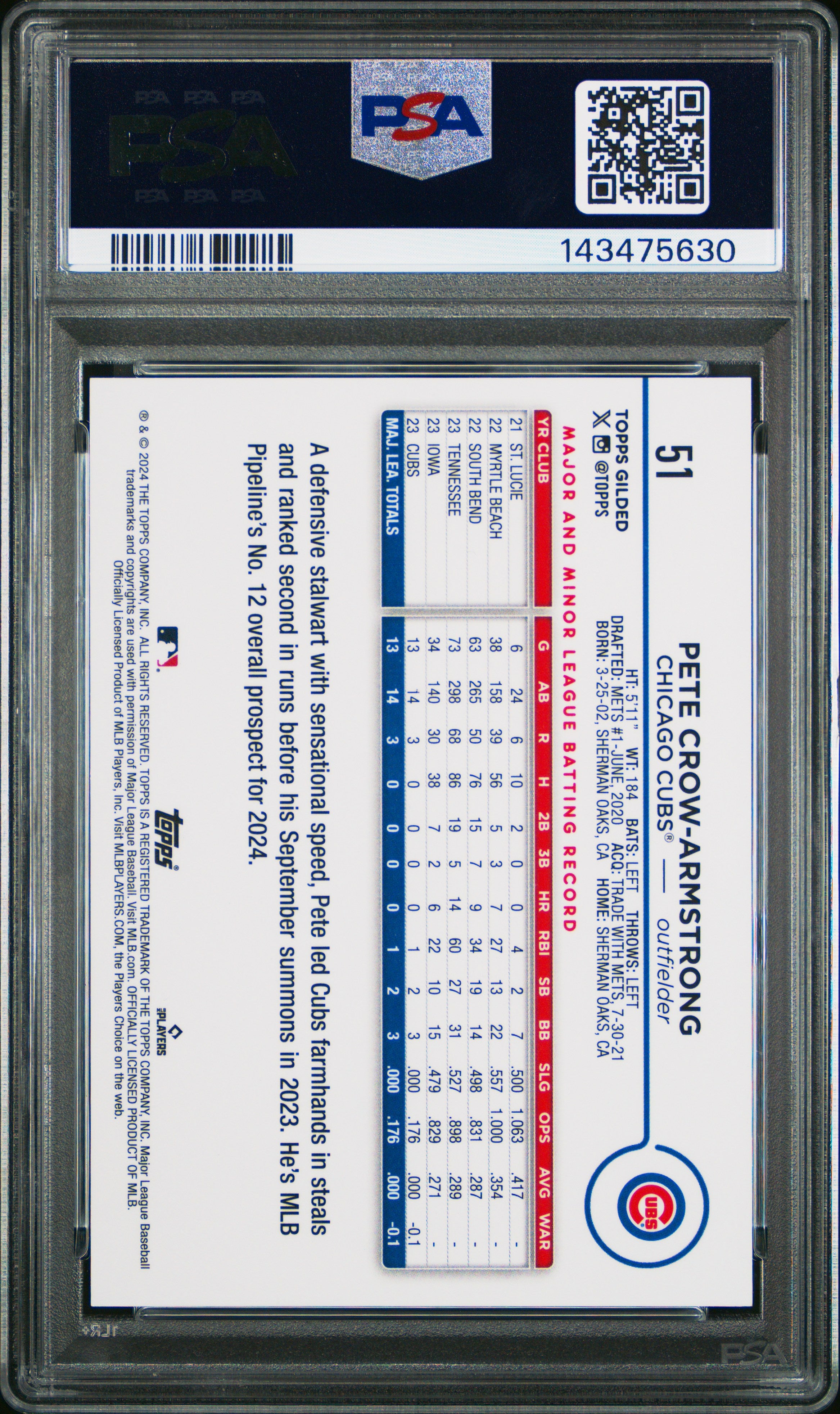 2024 Topps Gilded Collection #51 Pete Crow-Armstrong PSA 9 #/99