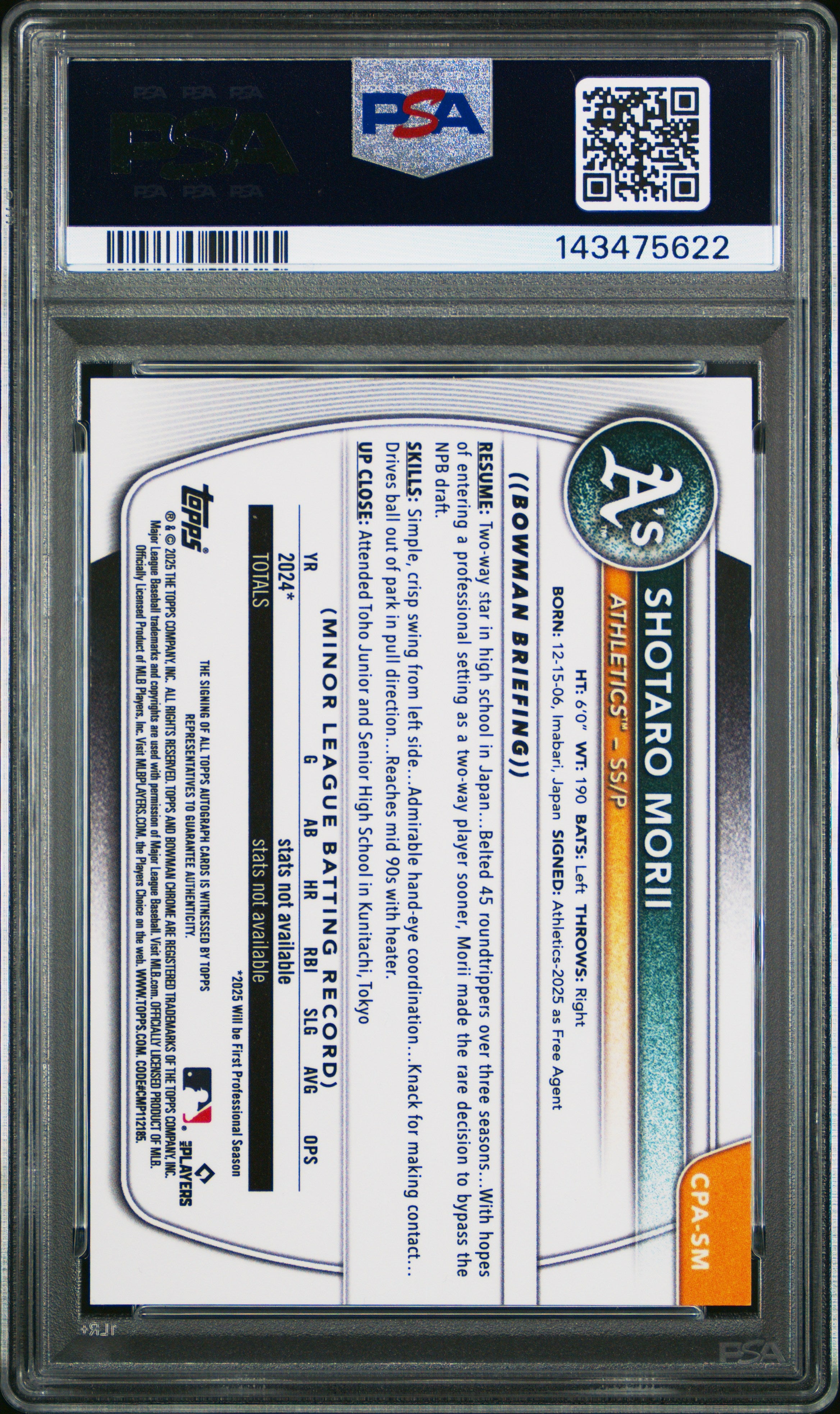 2025 Bowman Chrome #CPA-SM Shotaro Morii Prospect Autographs Speckle PSA 9 #/299