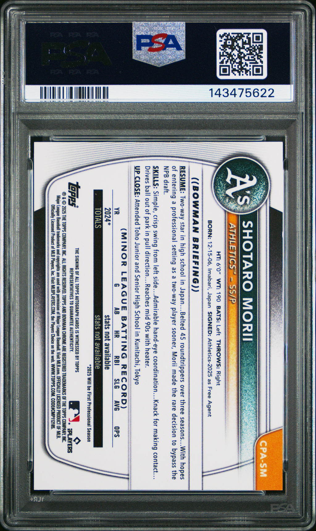 2025 Bowman Chrome #CPA-SM Shotaro Morii Prospect Autographs Speckle PSA 9 #/299