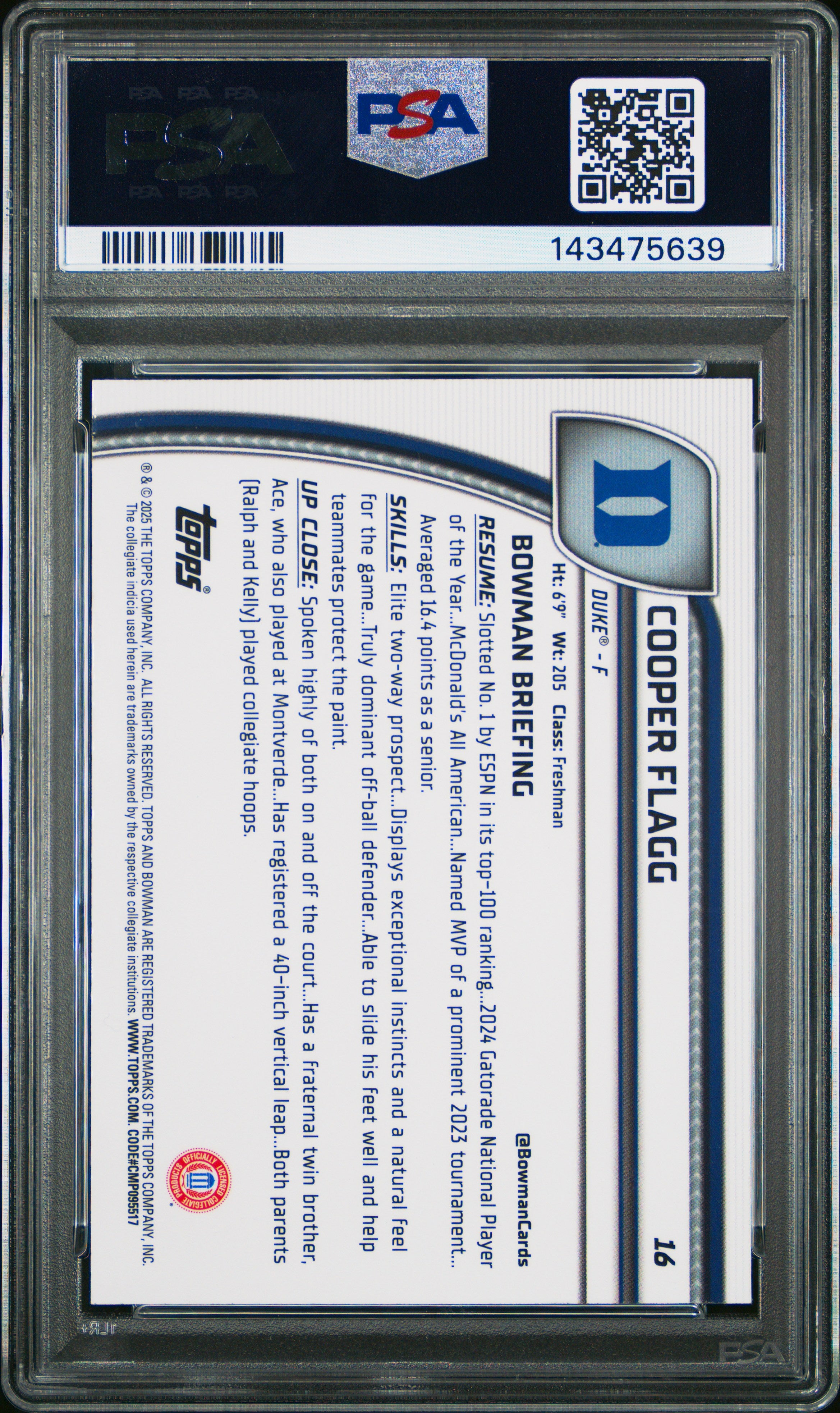 2024-25 Bowman University Chrome #16 Cooper Flagg Purple Lava Refractor PSA 10