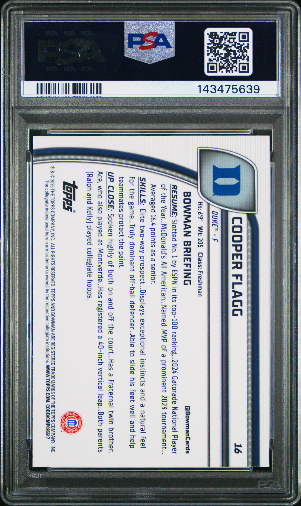 2024-25 Bowman University Chrome #16 Cooper Flagg Purple Lava Refractor PSA 10