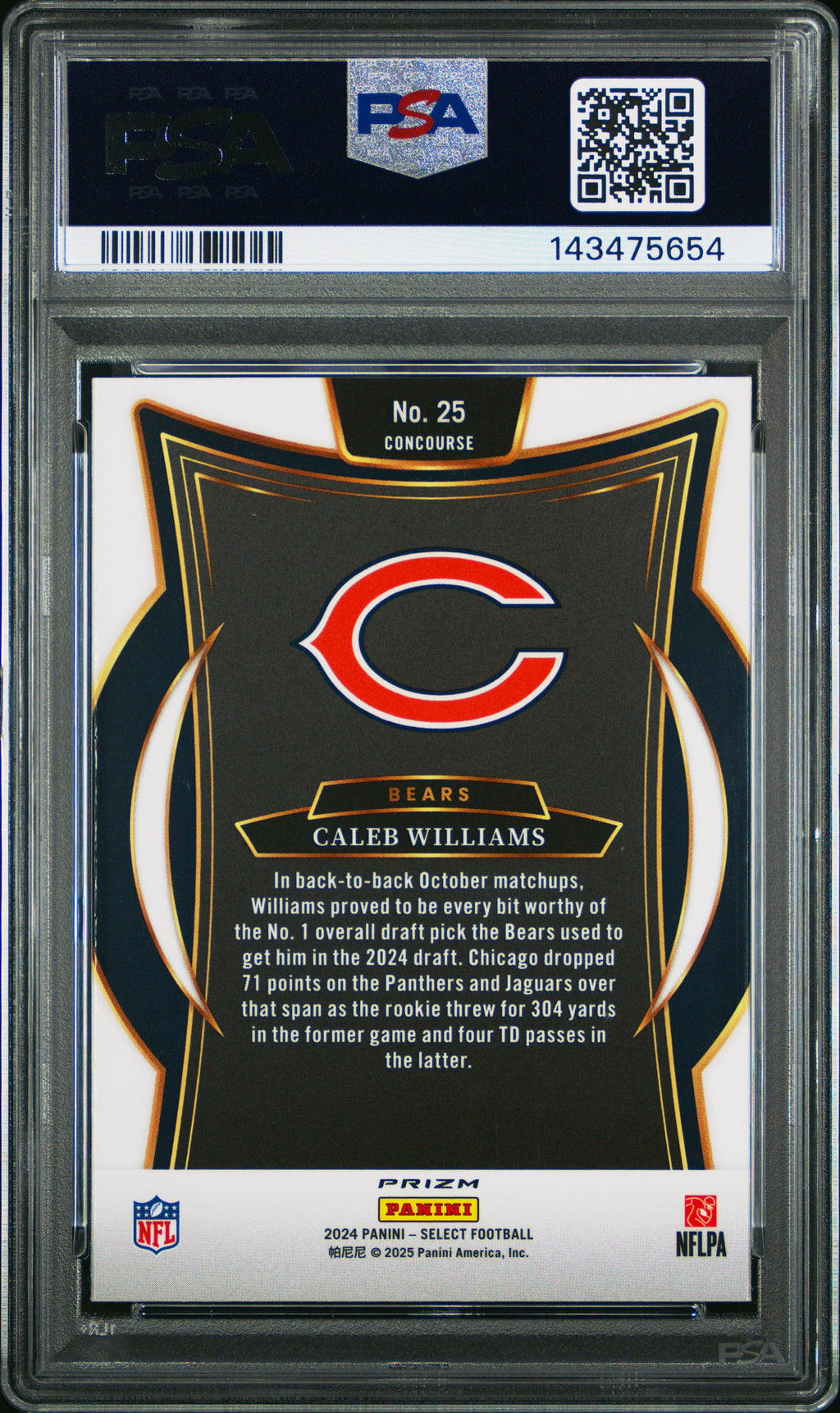 2024 Panini Select #25 Caleb Williams Zebra Prizm Shock PSA 10