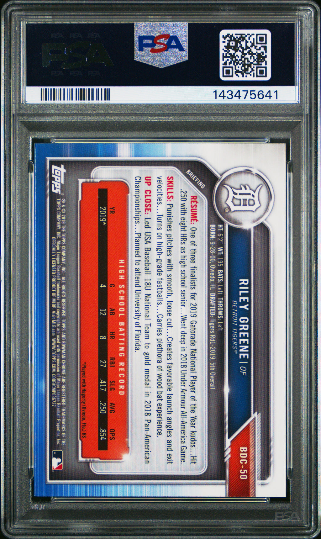 2019 Bowman Draft #BDC-50 Riley Greene Chrome PSA 10