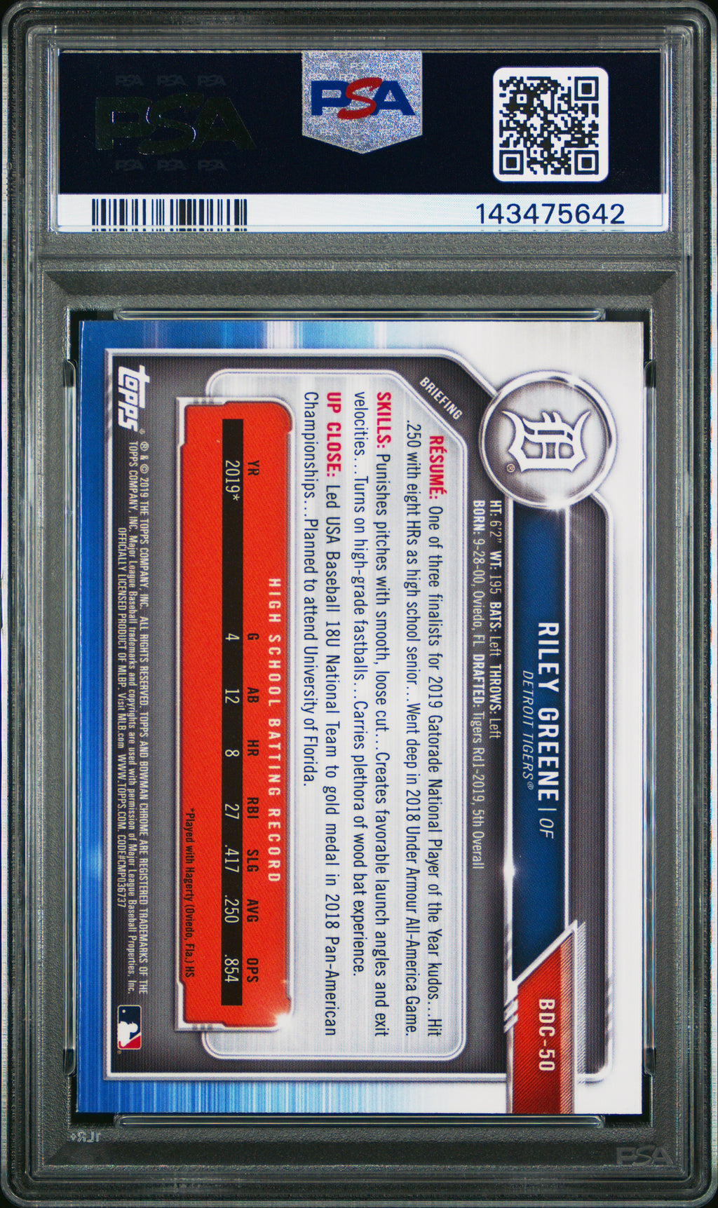 2019 Bowman Draft #BDC-50 Riley Greene Chrome PSA 10