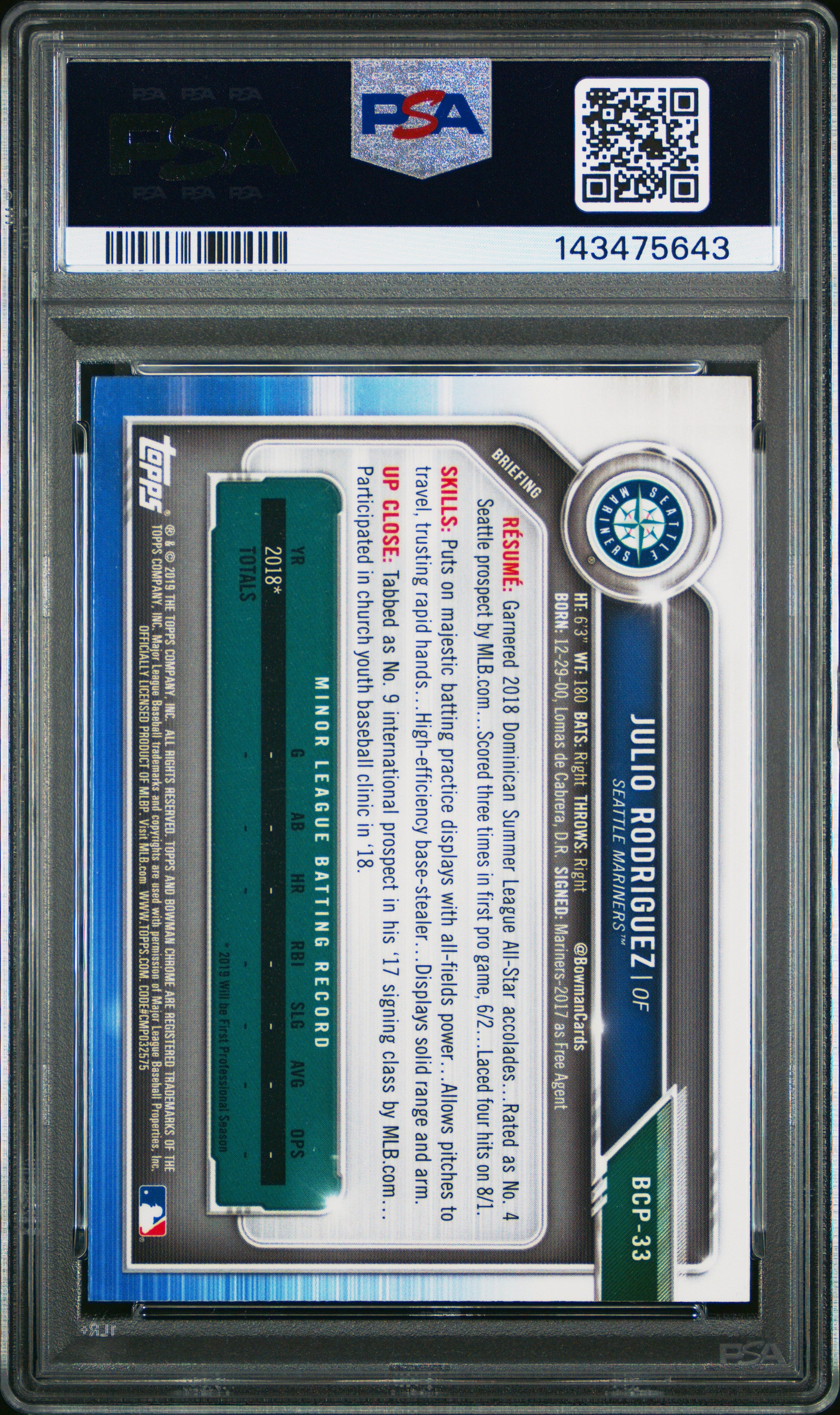 2019 Bowman #BCP-33 Julio Rodriguez Chrome Prospects PSA 10