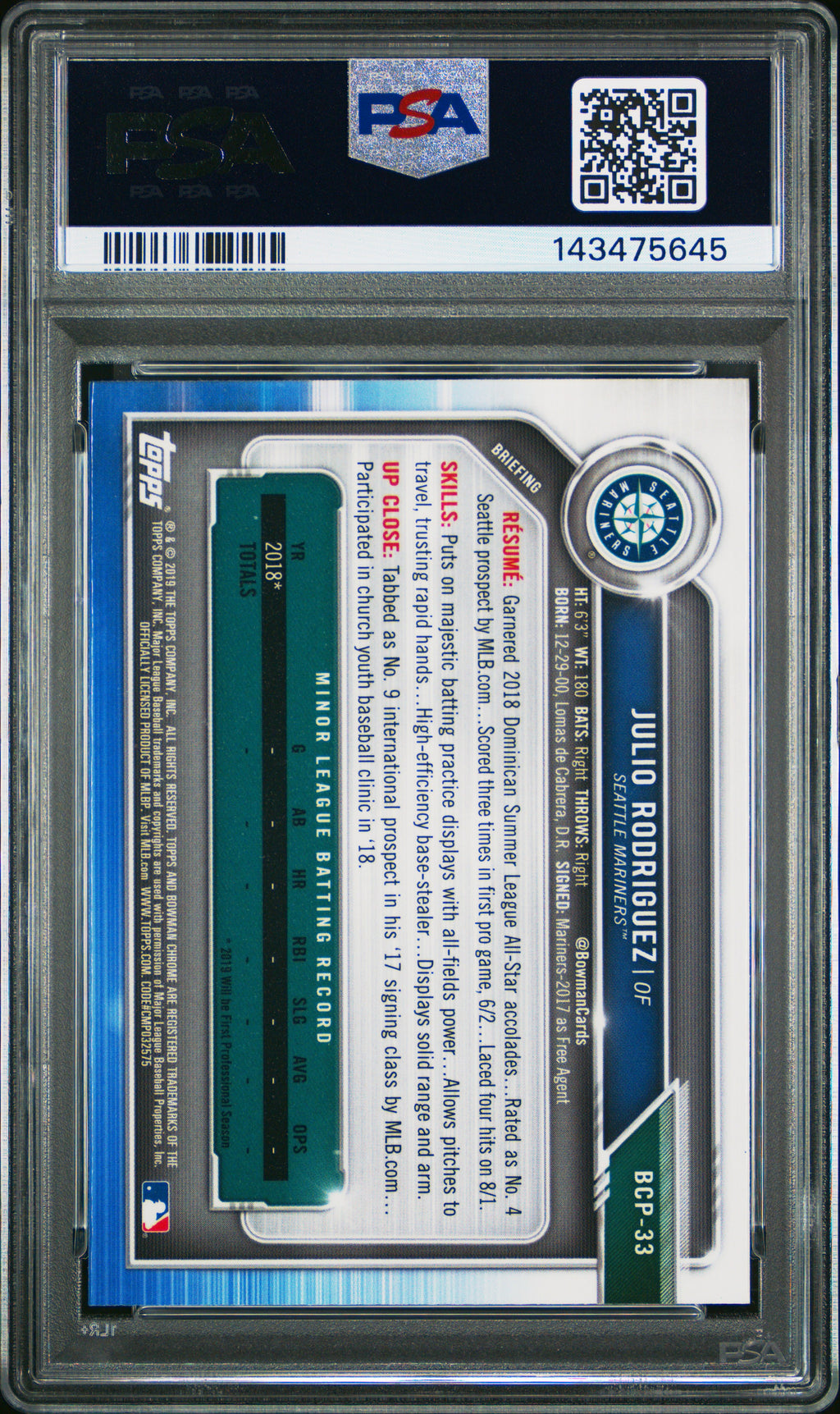 2019 Bowman #BCP-33 Julio Rodriguez Chrome Prospects PSA 10