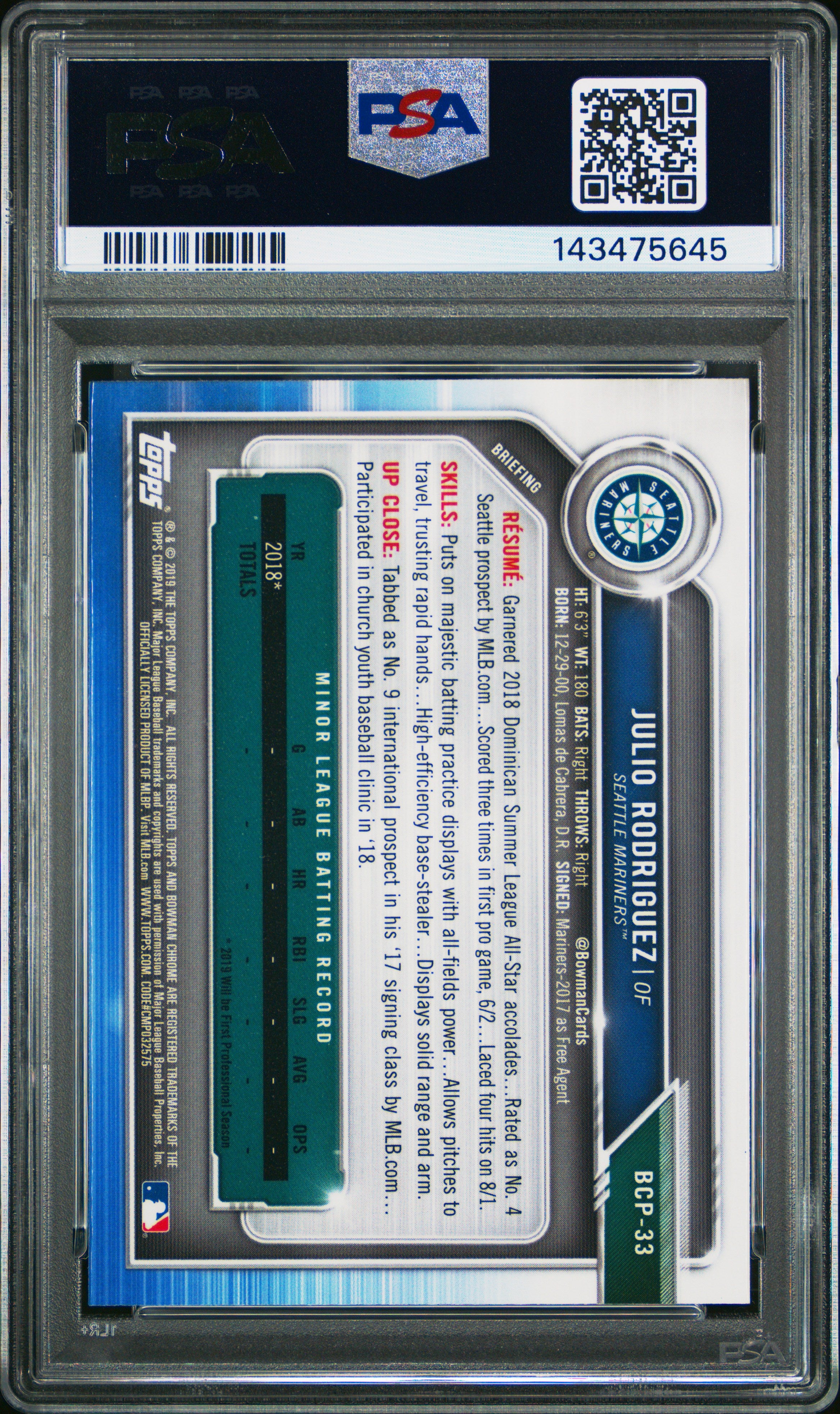 2019 Bowman #BCP-33 Julio Rodriguez Chrome Prospects PSA 10
