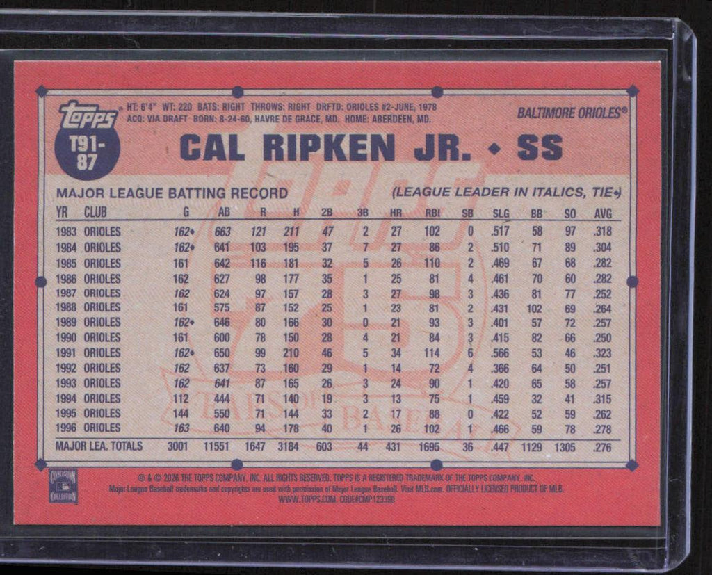 2026 Topps #T91-87 Cal Ripken Jr. 1991 Topps 35th Anniversary (Series 1)