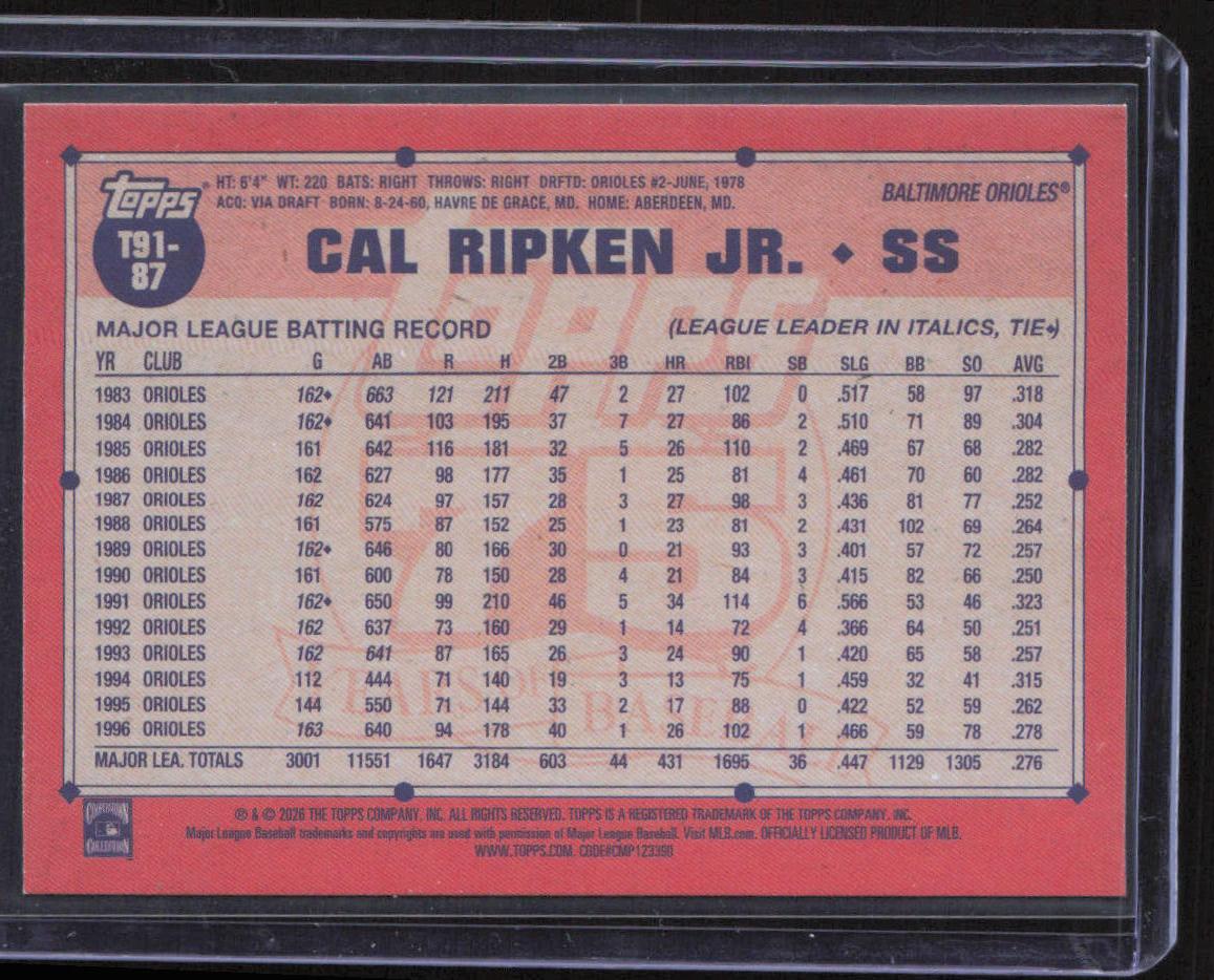 2026 Topps #T91-87 Cal Ripken Jr. 1991 Topps 35th Anniversary (Series 1)