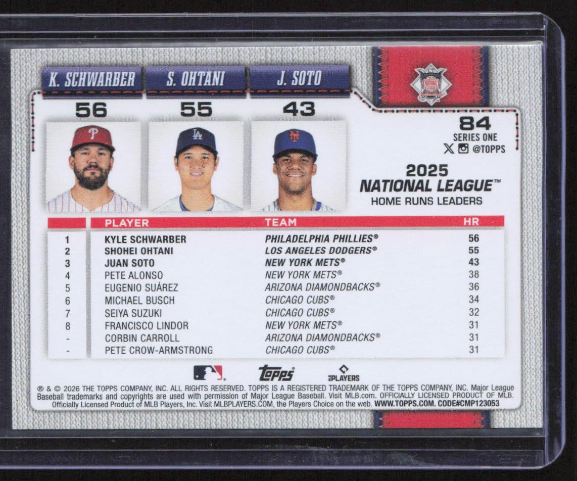 2026 Topps #84 National League Leaders HRs Schwarber / Ohtani / Soto