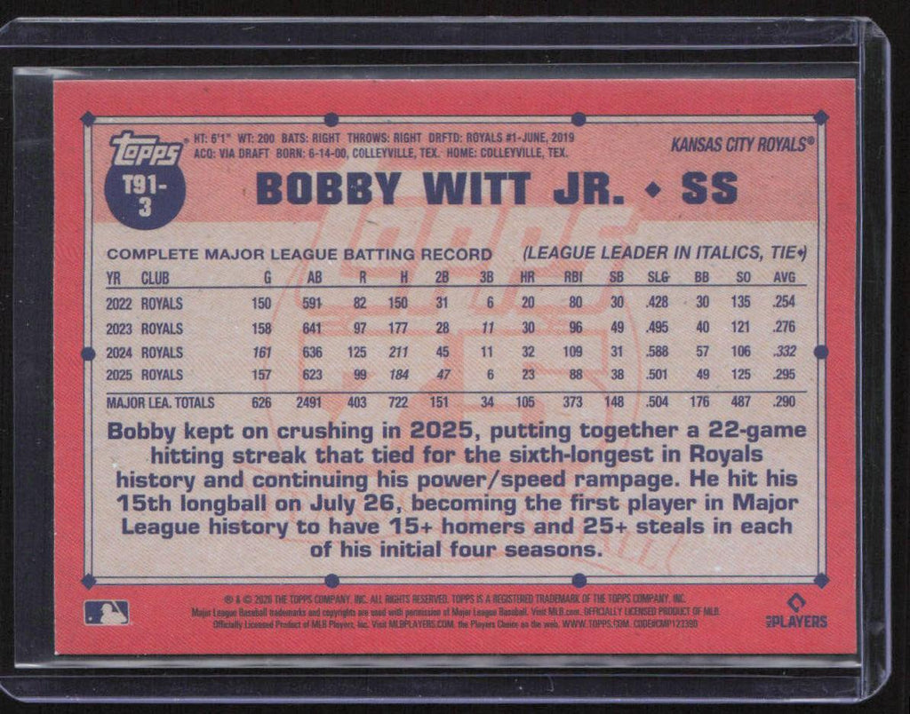 2026 Topps #T91-3 Bobby Witt Jr. 1991 Topps 35th Anniversary (Series 1)