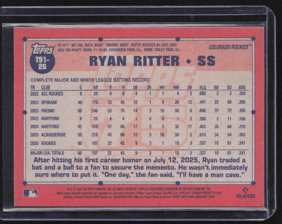 2026 Topps #T91-26 Ryan Ritter 1991 Topps Baseball 35th Anniversary (Series One)