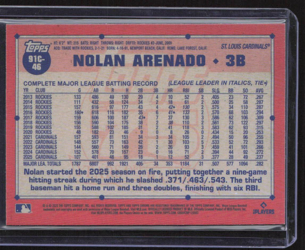 2026 Topps #91C-46 Nolan Arenado 1991 Topps 35th Anniversary Chrome Series 1