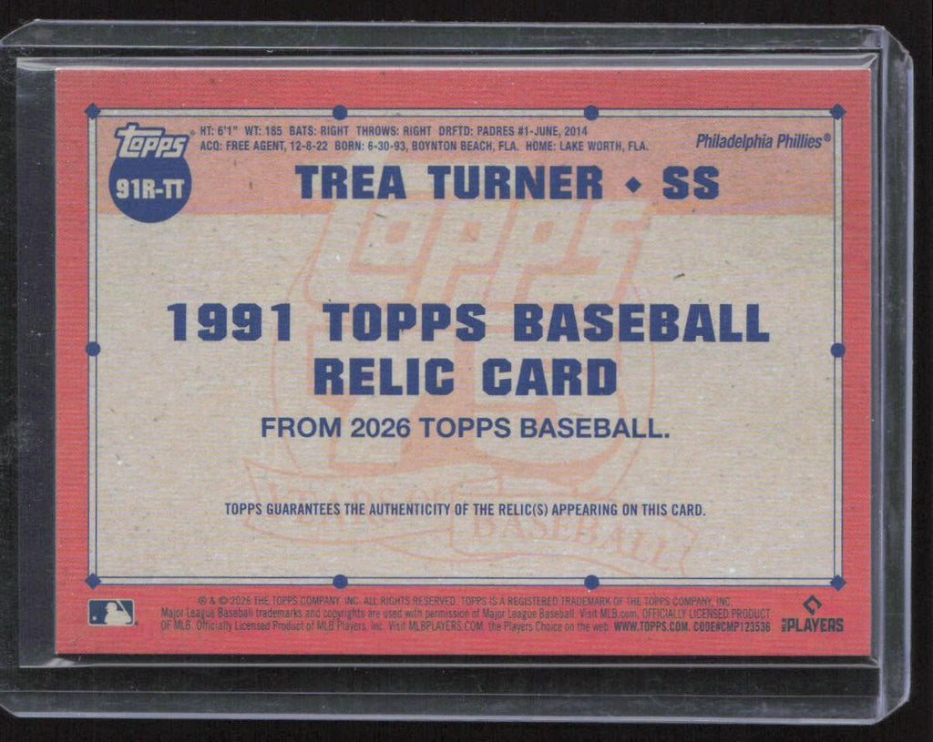 2026 Topps #91R-TT Trea Turner 1991 Topps 35th Anniversary Relics (Series 1)