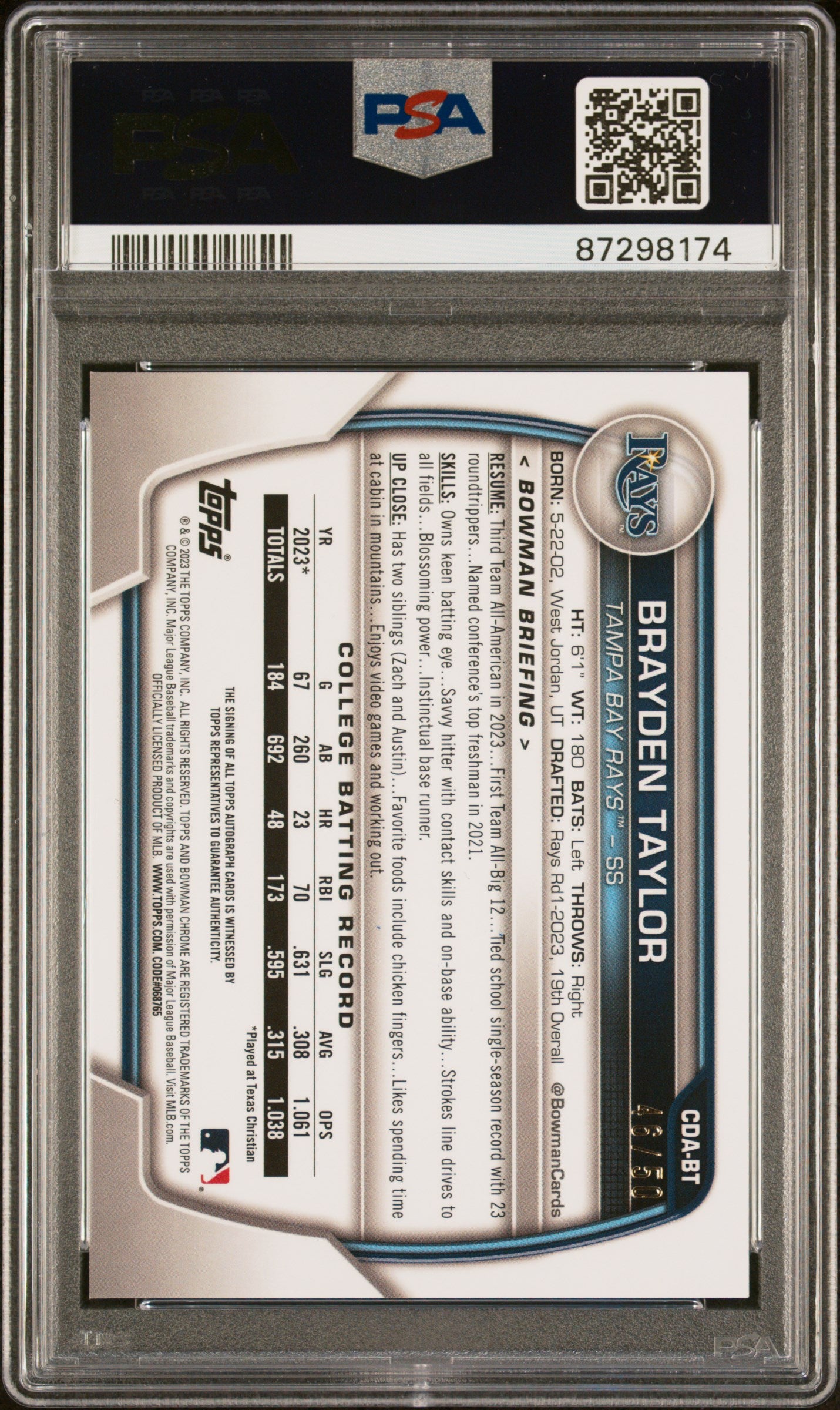 2023 Bowman Draft Sapphire #CDA-BT Brayden Taylor Autographs Gold PSA 10 #/50